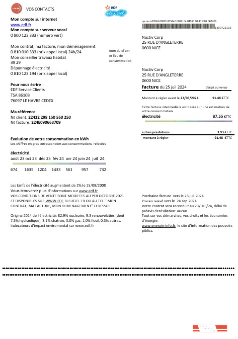 France EDF proof of address business utility bill template in Word and PDF formats
